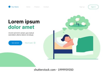 Man lying in bed and counting sheep. Relaxation, animal, night flat vector illustration. Sleeping and insomnia concept for banner, website design or landing web page