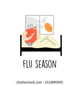 Man Lying In Bed With Fever. Vector Cartoon Illustration. Flu Season