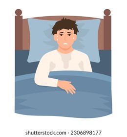 Man lying in bed with flu symptoms. Sweating during sleep.Illustration of the symptoms of profuse night sweats. Cold symptoms. Vector illustration

