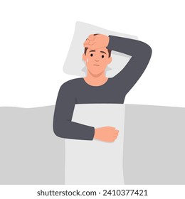 Man lying in bed with flu symptoms. Sweating during sleep.Illustration of the symptoms of profuse night sweats. Cold symptoms. Flat vector illustration isolated on white background