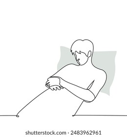 man lying in bed with his hands folded together on his stomach - one line art vector. concept of daytime sleep, bed rest. Handmade vector not AI