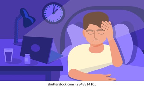 El hombre está acostado en la cama con su laptop encendida y sufre de insomnio. Sobretrabajo. Plazo. Trabajar de noche. Un hombre no puede dormir por problemas. Ilustración en un estilo de caricatura plano