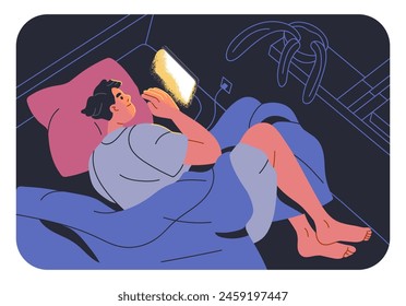 Man lying in bed late at night, watching online movie on digital device, gadget. Evening leisure, rest, relax time with tablet PC before sleep in bedroom, screen light. Flat vector illustration