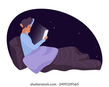 A man lying in bed at night using a tablet, set against a starry sky, emphasizing nighttime relaxation and digital engagement vector illustration.