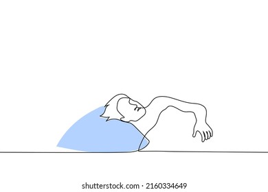 man lying in bed - one line drawing vector. a sleeping man is resting on a blue pillow, he covered himself with a blanket. concept of rest, sleep, insomnia, relaxation, daytime sleep, take a nap