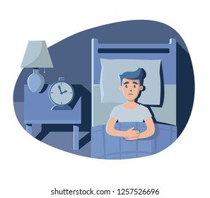 Man is lying in the bed with open eyes at night. Vector illustration.