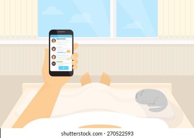 Man is lying in bed and reading news in mobile phone app for social networks early morning. Flat illustration of using mobile phone in the bed in the morning and chat with friends via internet