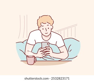 man lying in bed with smartphone. Hand drawn style vector design illustrations.