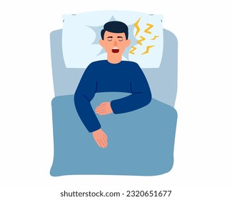 Man lying in the bed and snores loudly with open mouth concept of suffering from insomnia because of snoring