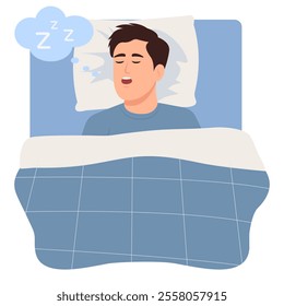 Man lying in the bed, snoring loudly with open mouth while sleep. Sleep apnea, snoring syndrome treatment. Flat vector illustration