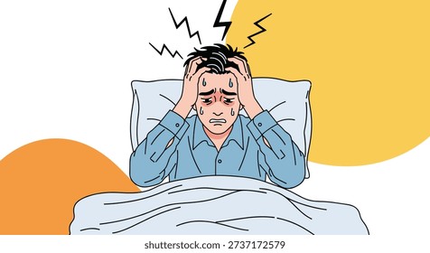 Man lying in bed suffering from a severe headache or insomnia with stress marks and sweat on a stylized background.