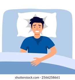 Man lying in bed with sweating symptom during sleep. Flu symptom.