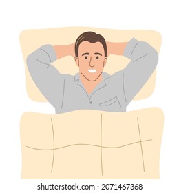 A man is lying in bed under a blanket and smiling, top view. Flat vector illustration.