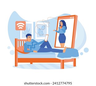 Man lying in bed using a smartphone to select photos of beautiful girls on online dating site. Online Dating concept. Flat vector illustration.