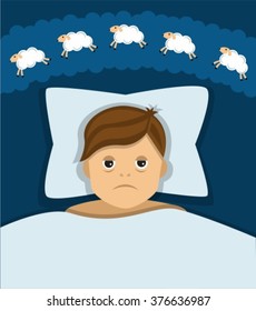 man lying in bed, the man was very tired but can not sleep, and counting sheep