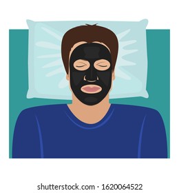 The man lying with a black clay or carbon peeling mask on the face. Vector beauty illustration