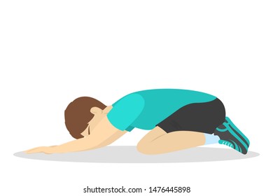 Man lying in the child pose. Body relaxation exercise, meditation position. Relax after workout in the gym. Isolated vector illustration in cartoon style