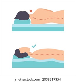 Man Lying in Correct and Incorrect Sleeping Pose for Neck and Spine Vector Set