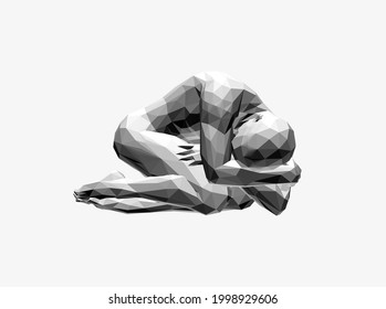Man lying curl up on a floor. Man thinks about a problem. Despair, depression, hopelessness or addiction concept. 3D vector illustration.