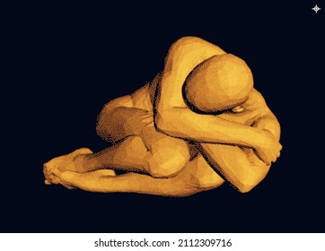 Man lying curl up on a floor. Man thinks about a problem. Time for reflection. Despair, depression, hopelessness or addiction concept. 3D vector illustration.