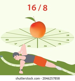 Un hombre tendido mira el reloj en su mano. Concepto dietético -16 a 8, cinta dosificadora - vector. Ayuno intermitente.