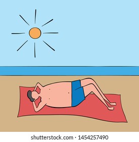Man lying down on the beach, hand-drawn vector illustration. Black outlines, color.