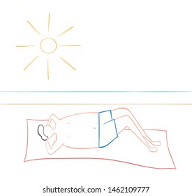 Man lying down on the beach, hand drawn vector illustration. Color outlines and white background.