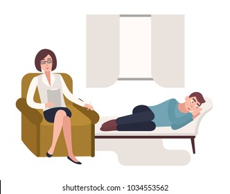 Man lying down on couch and female psychologist, psychoanalyst or psychotherapist sitting in chair beside him with notebook in hand and asking questions. Flat cartoon colorful vector illustration.