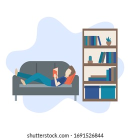 A Man Is Lying Down On A Couch And Reading A Book, Man Read Book At Home, Bookshelf