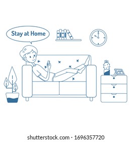 A man is lying down on the sofa  with stay at home bubble chat. Flat design with line art style