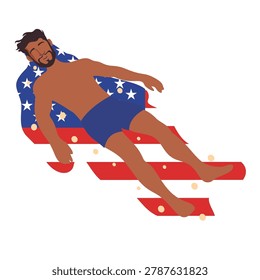 man lying down resting on american flag beach blanket
