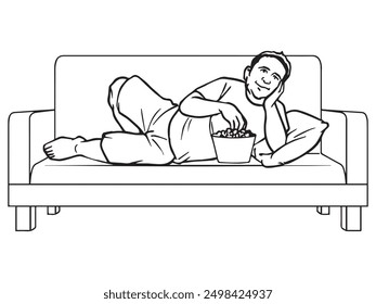A man lying down while eating popcorn on a sofa. He's facing the camera. Illustration in outline and vector format.