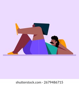 A man lying down while playing with his tablet. Freelance work at home style. Man character enjoying free time watching tablet. Vector Illustration 
