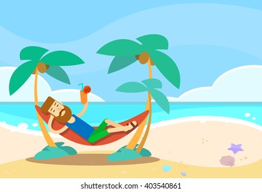 Man Lying In Hammock Beach Vacation Flat Vector Illustration