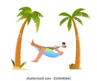Man lying in a hammock between two palm trees on a beach. Flat vector illustration isolated on white background