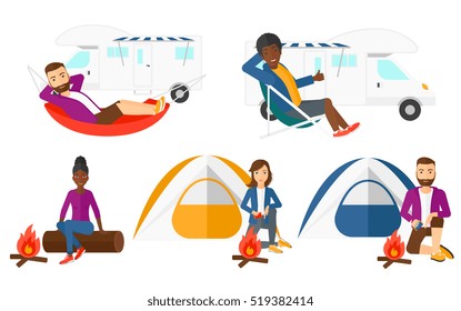 Man lying in hammock in front of motor home. Man resting in hammock and enjoying vacation in motor home. Man travelling by motor home. Set of vector flat design illustrations isolated on background.