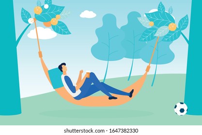 Man Lying in Hammock Hanging between Green Trees Flat Cartoon Vector Illustration. Guy Having Rest and Drinking Coffee. Spending Time on Nature with Fresh Air. Football Ball. Relax in Forest.