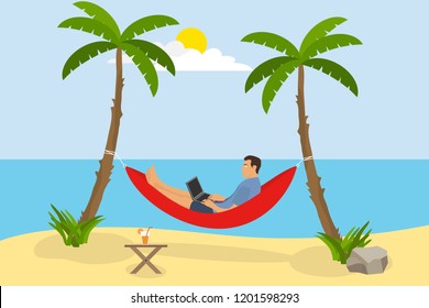 A man is lying in a hammock on the beach. A man with a laptop is in a hammock and does work against the backdrop of the sea and palm trees. Flat design, vector illustration, vector.