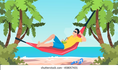 Man Lying In Hammock on a Beach during Vacation, Flat Vector Illustration