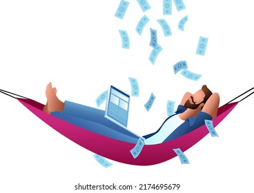 Man lying in a hammock swing with laptop computer, financial freedom, online trader, vector illustration