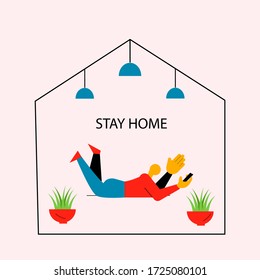 man lying in living room and chatting with phone vector flat style, stay home concept illustration eps 10