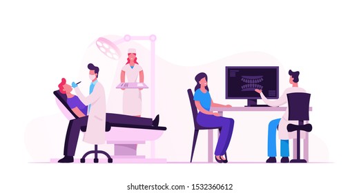 Man Lying in Medical Chair in Stomatologist Cabinet with Equipment. Doctor Conducting Patient Health Doing Medical Check Up Treatment with Nurse Assistance, Xray Jaw. Cartoon Flat Vector Illustration