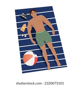 Man lying on beach towel against white background, top view