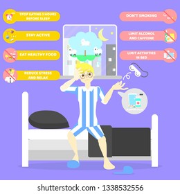Man lying on bed, counting sheep, health care sleeplessness disorder insomnia infographic concept, background,vector illustration cartoon flat character design clip art