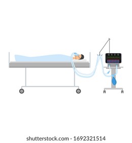 A man lying on the bed with CPAP. The device for artificial ventilation of the lungs. Sleeping Apnea. Isolated vector.
