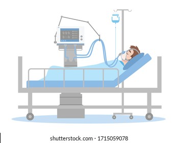 A Man is lying on a bed in a hospital room, The patient connected to a ventilator In a flat cartoon style, Healthcare concept.