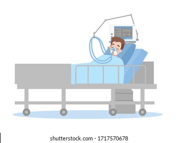 A Man is lying on a bed in a hospital room, The patient connected to a ventilator In a flat cartoon style, Healthcare concept.