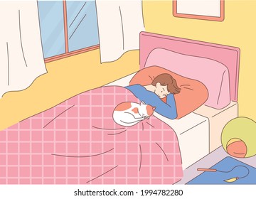 A man is lying on the bed and looking at a cute cat sleeping next to him. flat design style minimal vector illustration.