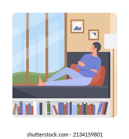 Man lying on bed and looking through window outside. Self relaxing and reading recreation time cartoon vector illustration