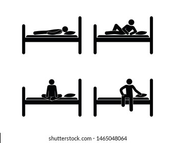 man lying on the bed, stick figure pictogram, human silhouette, illustration of people in the bedroom